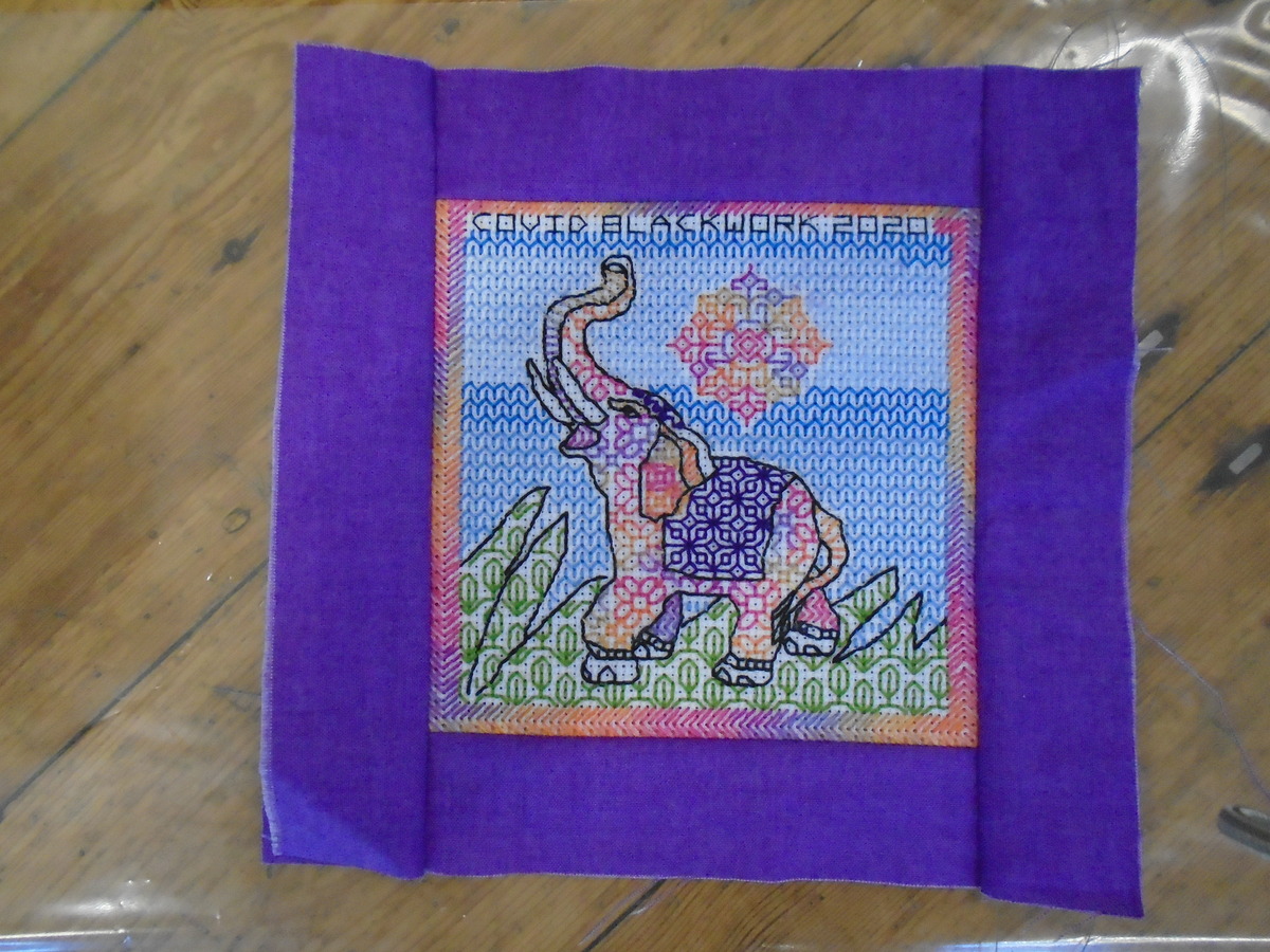 Ann Clelland stitched this lovely colourful blackwork block